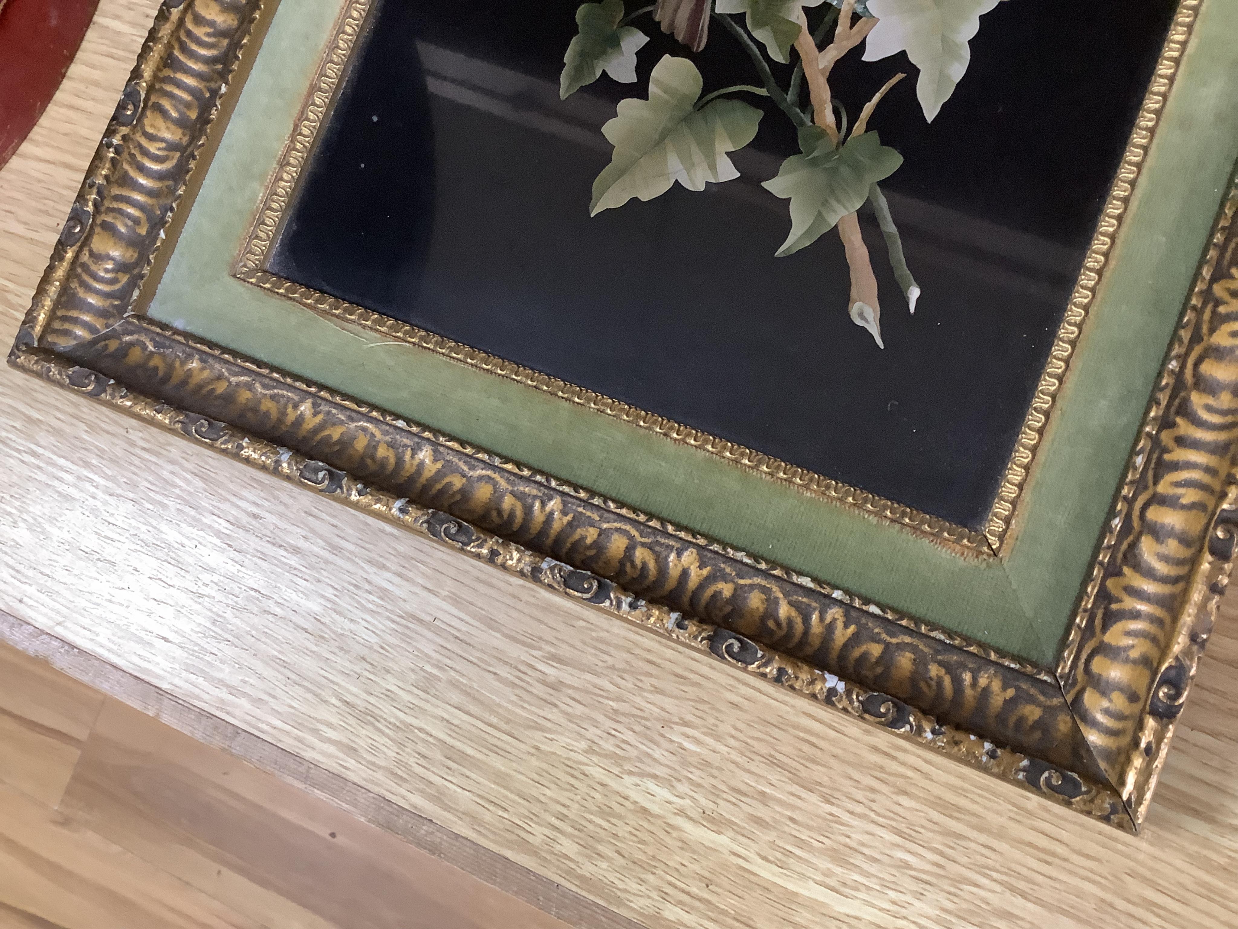 A 19th century Italian pietra dura panel decorated with nesting birds, framed. Panel 20cm wide x 28cm high. Condition - good